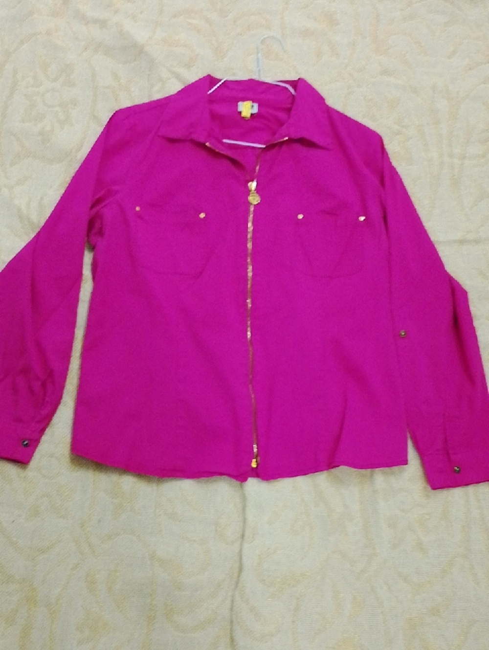 Anne Klein Magenta Zip-Front Long Sleeve Blouse